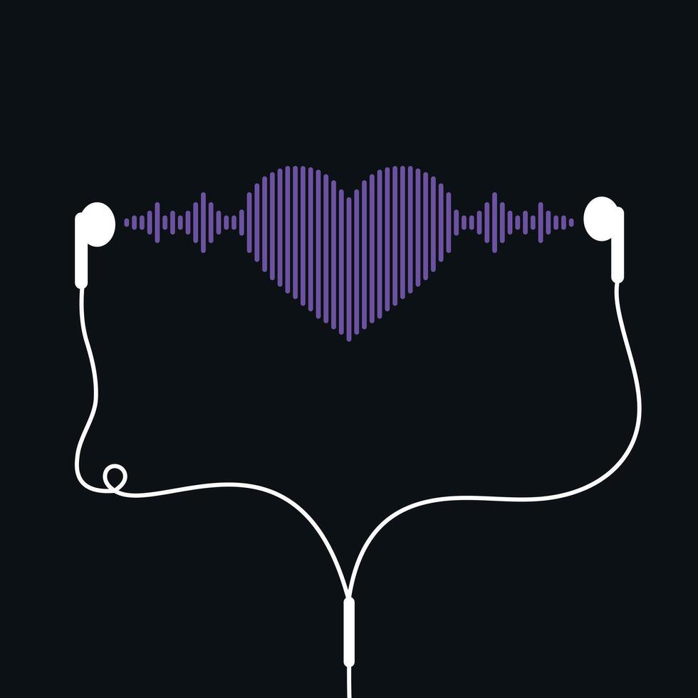 Sound wave heart shape in earphones. Music emblem on black background. Music equalizer vector