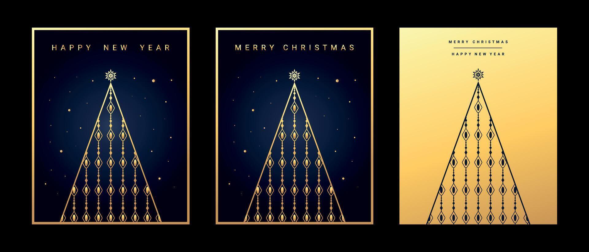Christmas and New Year greeting cards with geometric shaped Christmas tree. Dark blue and gold gradient colors vector