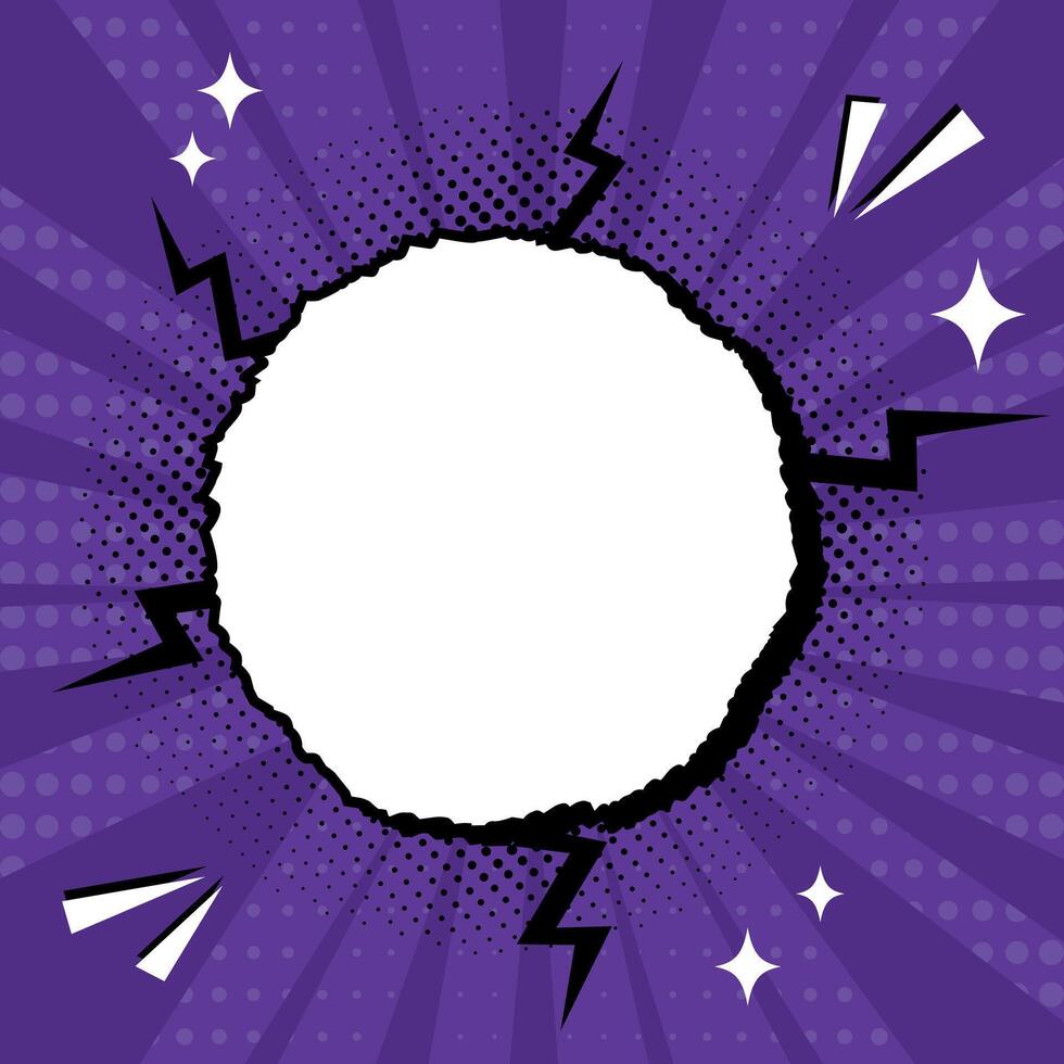 Bright pop art comic cover with crack torn paper circle with copy space. Retro style dynamic background vector