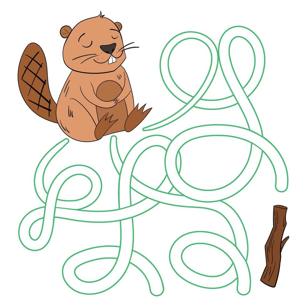 Labyrinth maze find a way beaver kids layout for game cartoon doodle hand drawn illustration vector