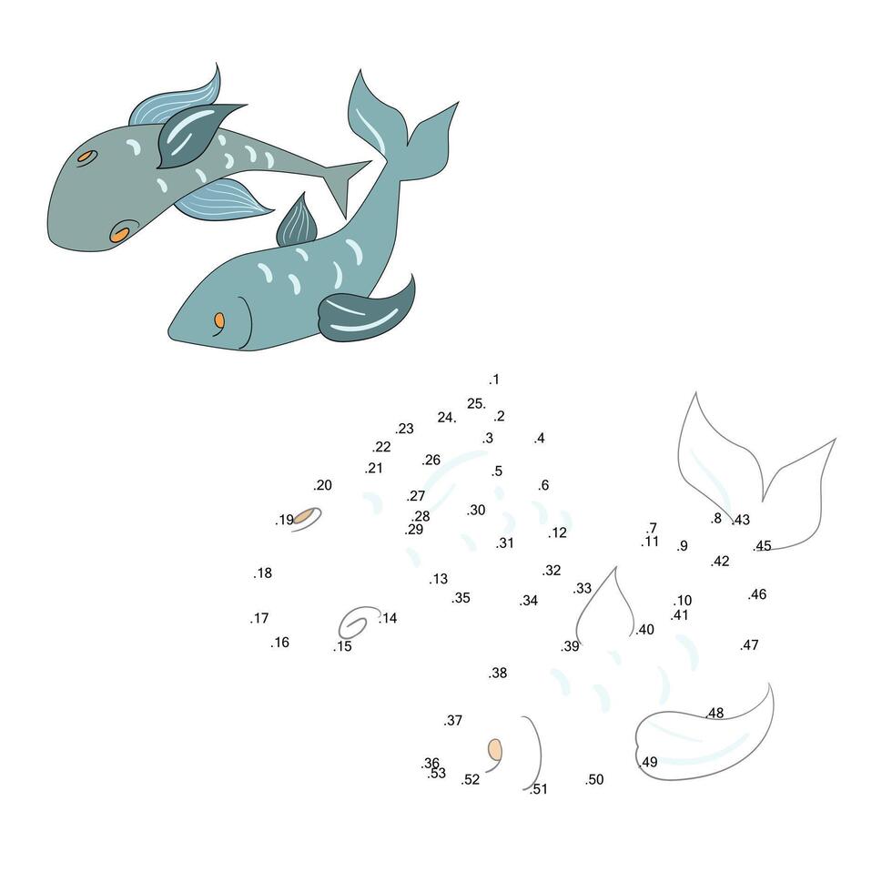Connect the dots game fish cartoon doodle hand drawn illustration vector