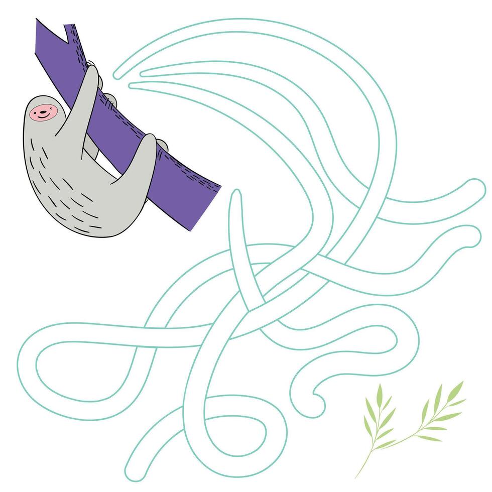 Labyrinth maze find a way sloth kids layout for game doodle hand drawn cartoon illustration vector