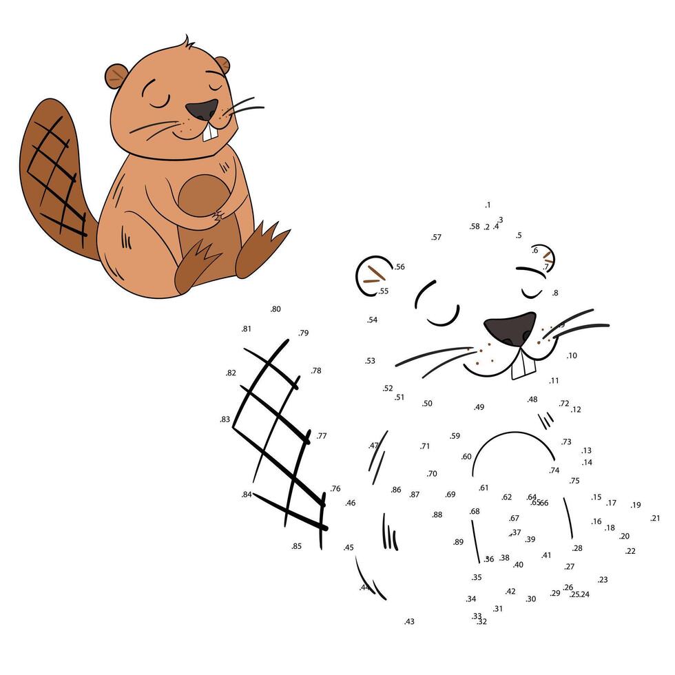 Connect the dots game beaver caroon hand drawn doodle illustration vector