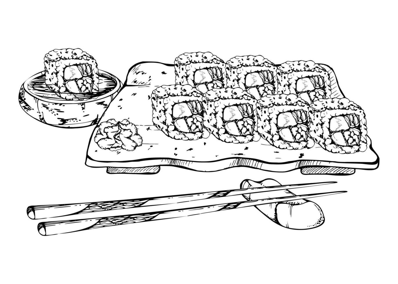 Japanese food sushi roll set on ceramic plate, chopsticks on rest, soy sauce dish, raw fish salmon avocado tuna sesame, hand drawn in pen, ink. Illustration restaurant, cafe menu, recipe book vector