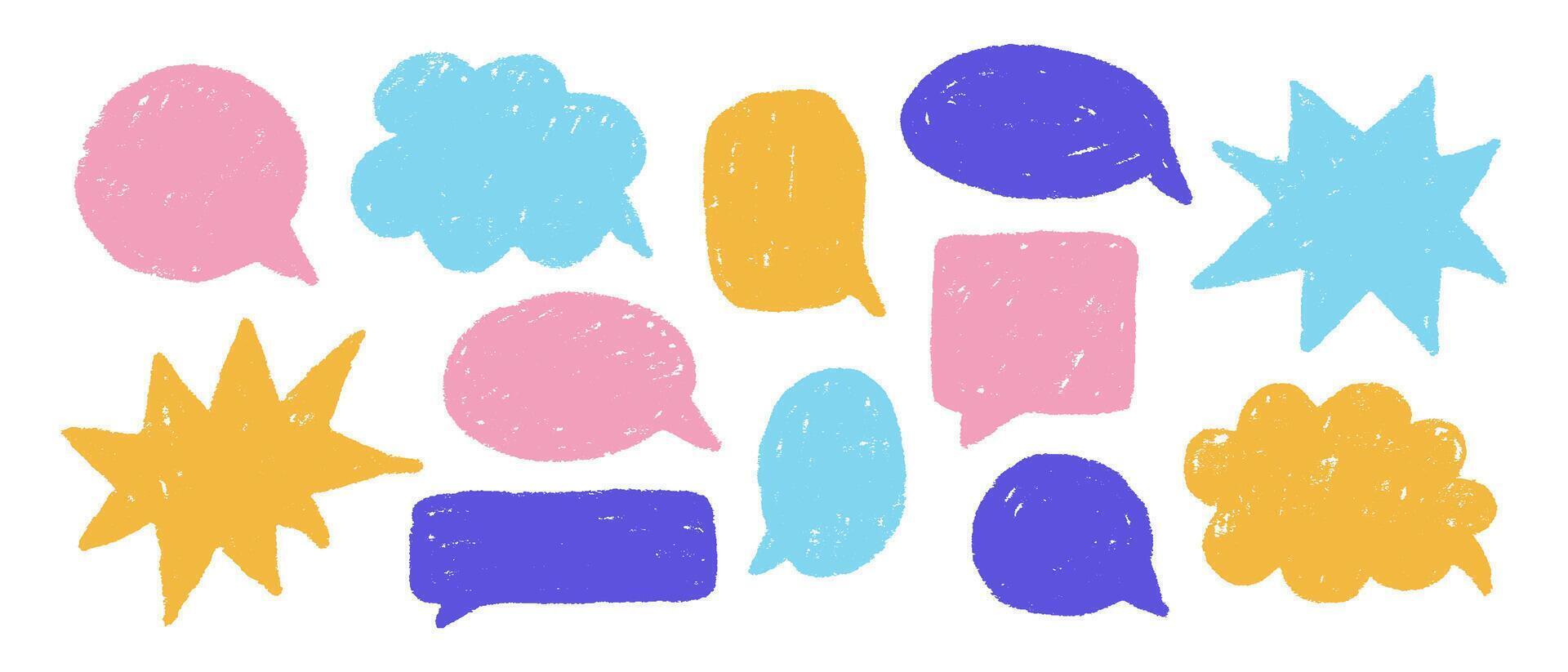 Colorful set of speech bubbles. Hand drawn chalk various forms of windows, clouds for chat, messages. elements for text on white background vector