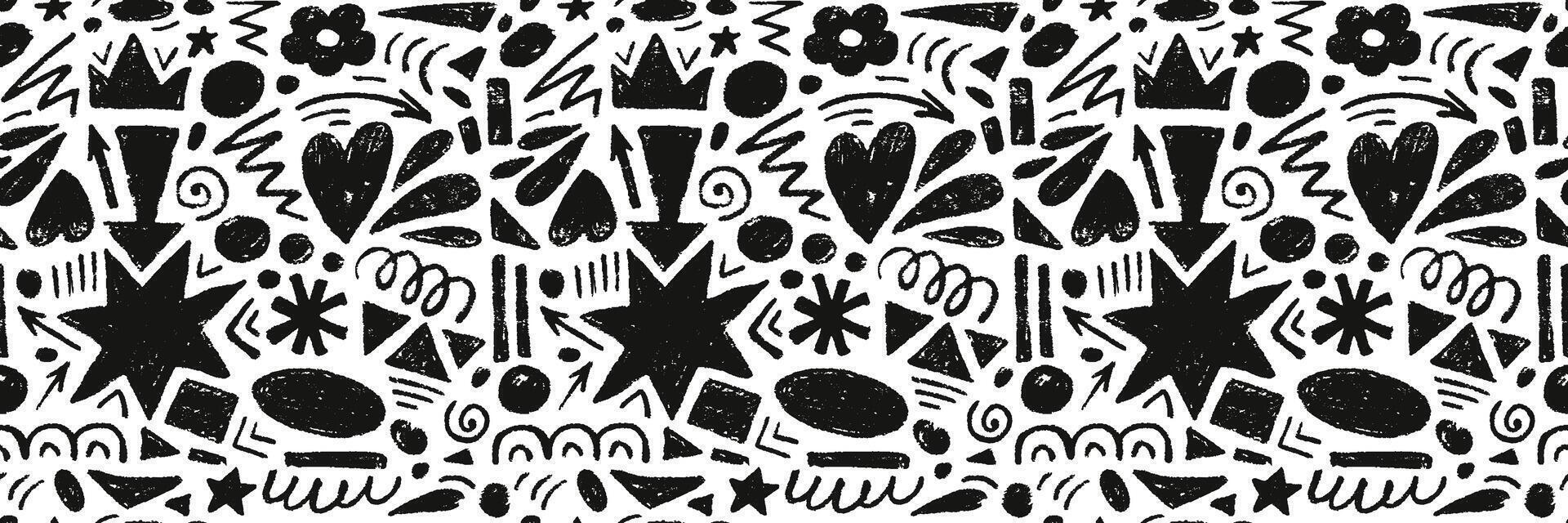 Hand drawn of black charcoal abstract shapes. seamless pattern of contemporary texture figure in doodle style. Design elements perfect for banner, print, decor vector