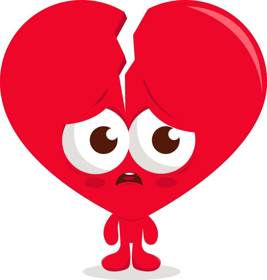 Broken love heart character. Sad red heart shaped character. Heartbroken cartoon. vector