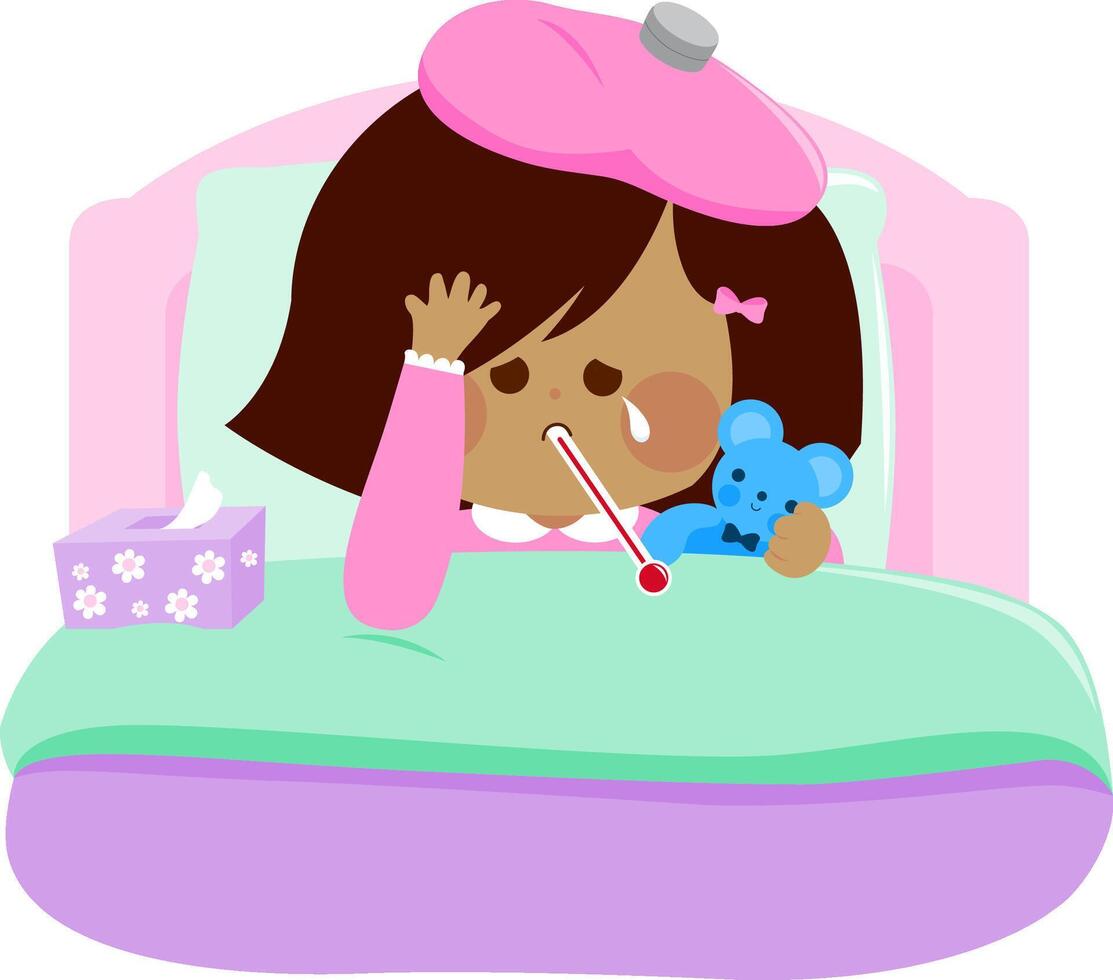 Little girl lying sick in bed at home and holding her teddy bear toy. Kid with illness. Girl with the flu, fever and headache in hospital bed. vector