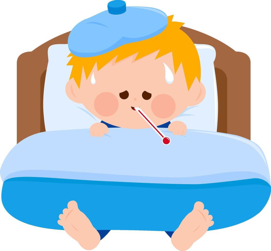 Kid with flu illness. A sick child in bed with fever, using a thermometer and a cool compress. Sick boy resting in his bedroom at home. vector