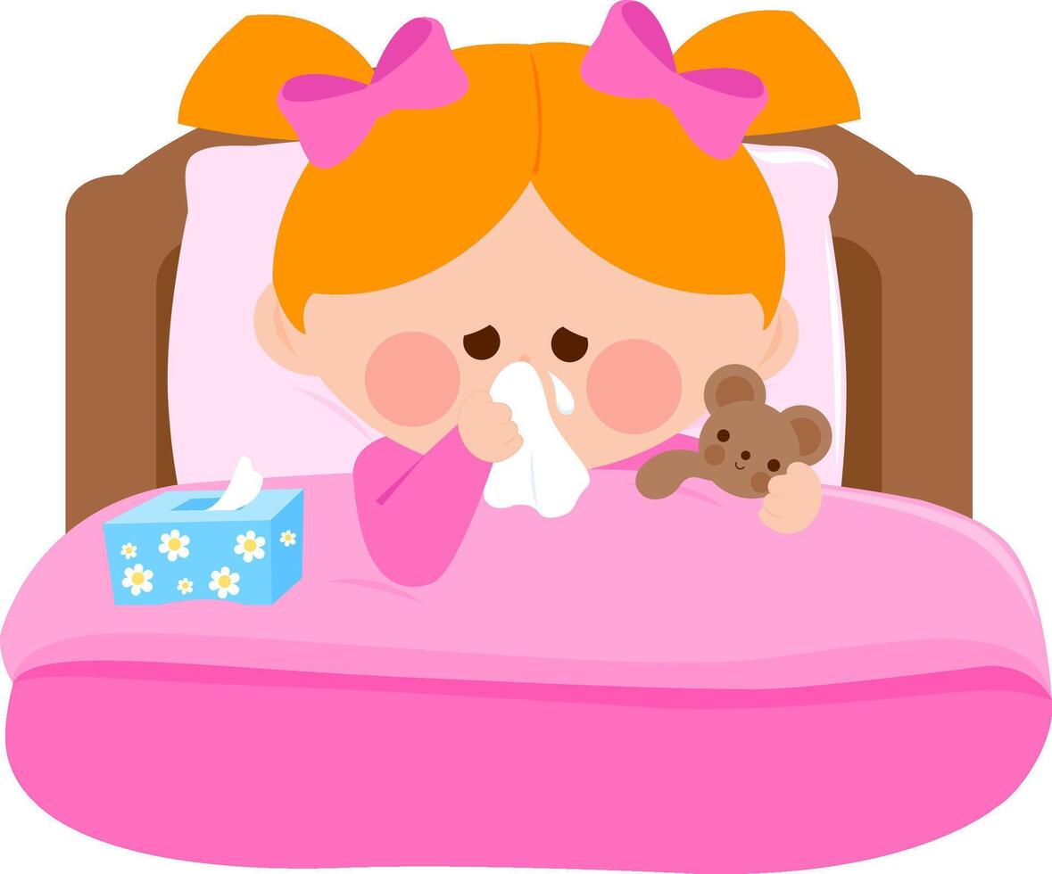 Little girl blowing her nose lying sick in bed and holding her teddy bear toy. Kid with illness resting in her bedroom. Girl with the fever and flu in hospital bed. vector