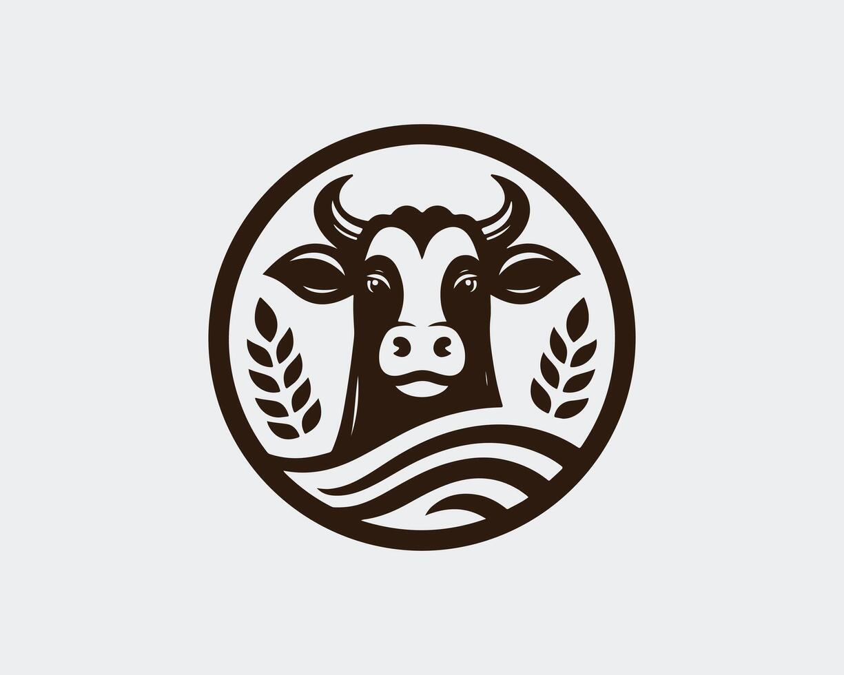 A cow head logo with a wave and wheat vector