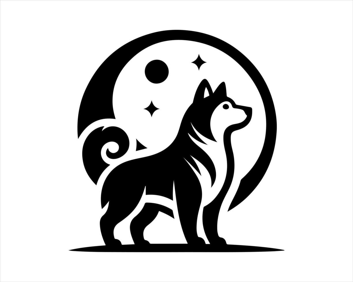 A black and white logo of a dog with the moon and stars vector