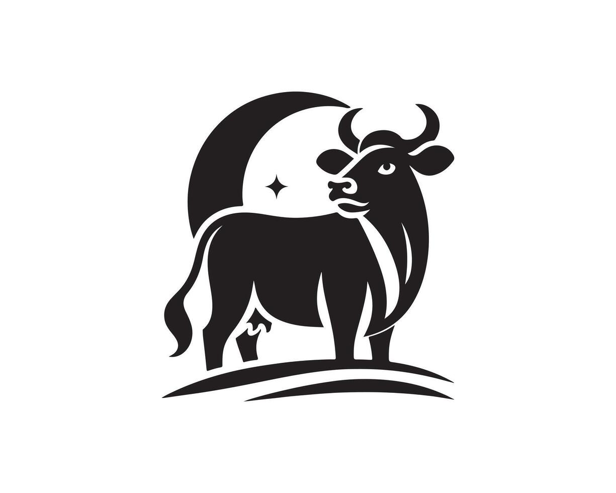 The bull is standing on the hill with the moon in the background vector