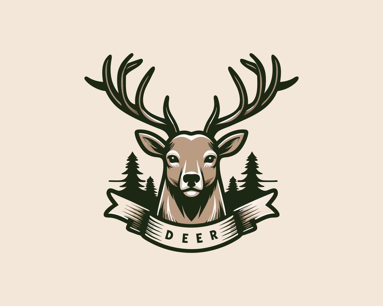 Deer head logo design with a ribbon and trees vector