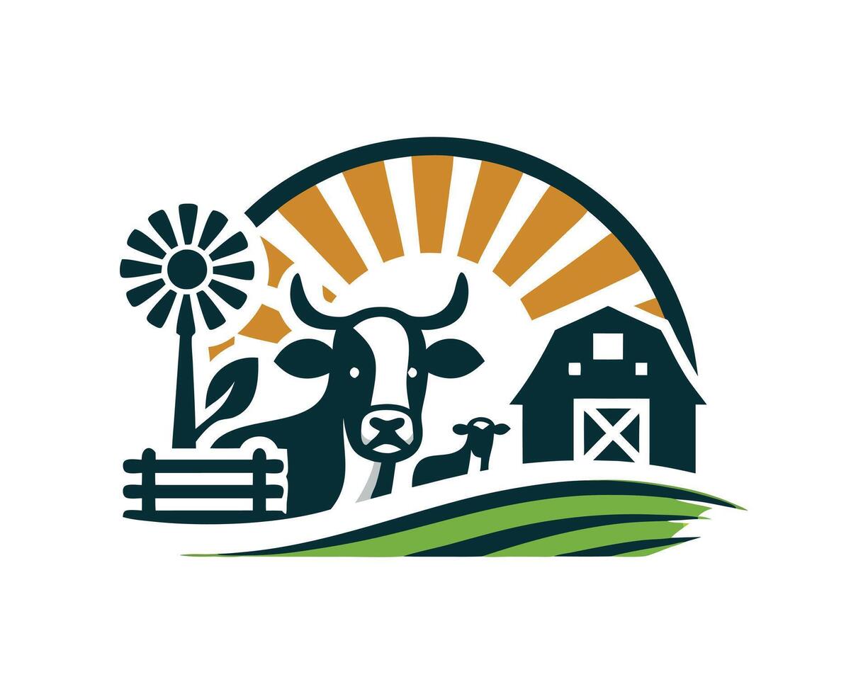 Cow and barn logo with sun and farm vector