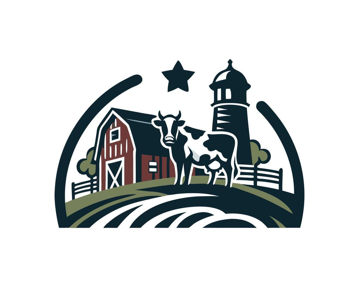 A cow and barn in a circle with a star on top vector