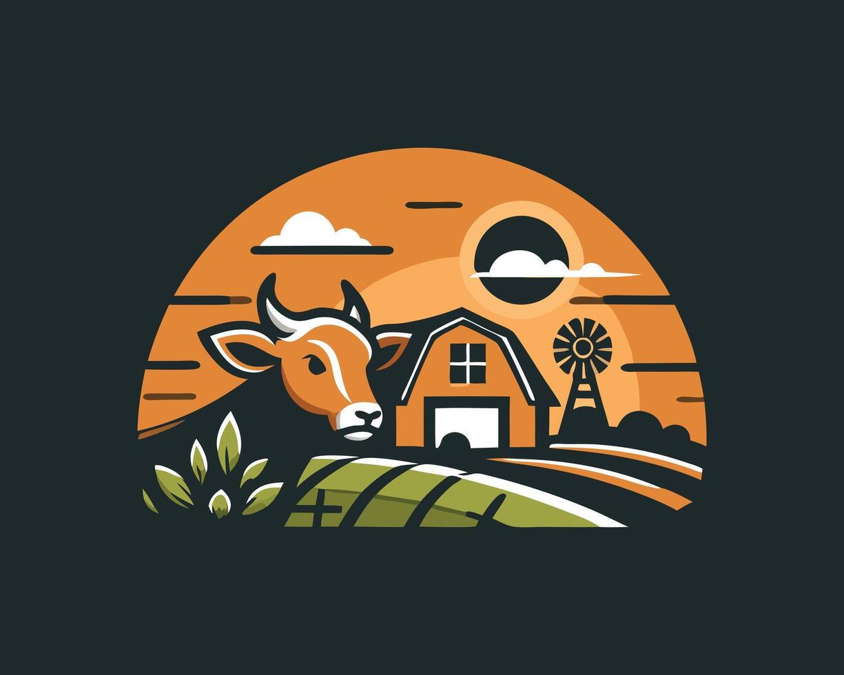 Cow and windmill in the sunset vector