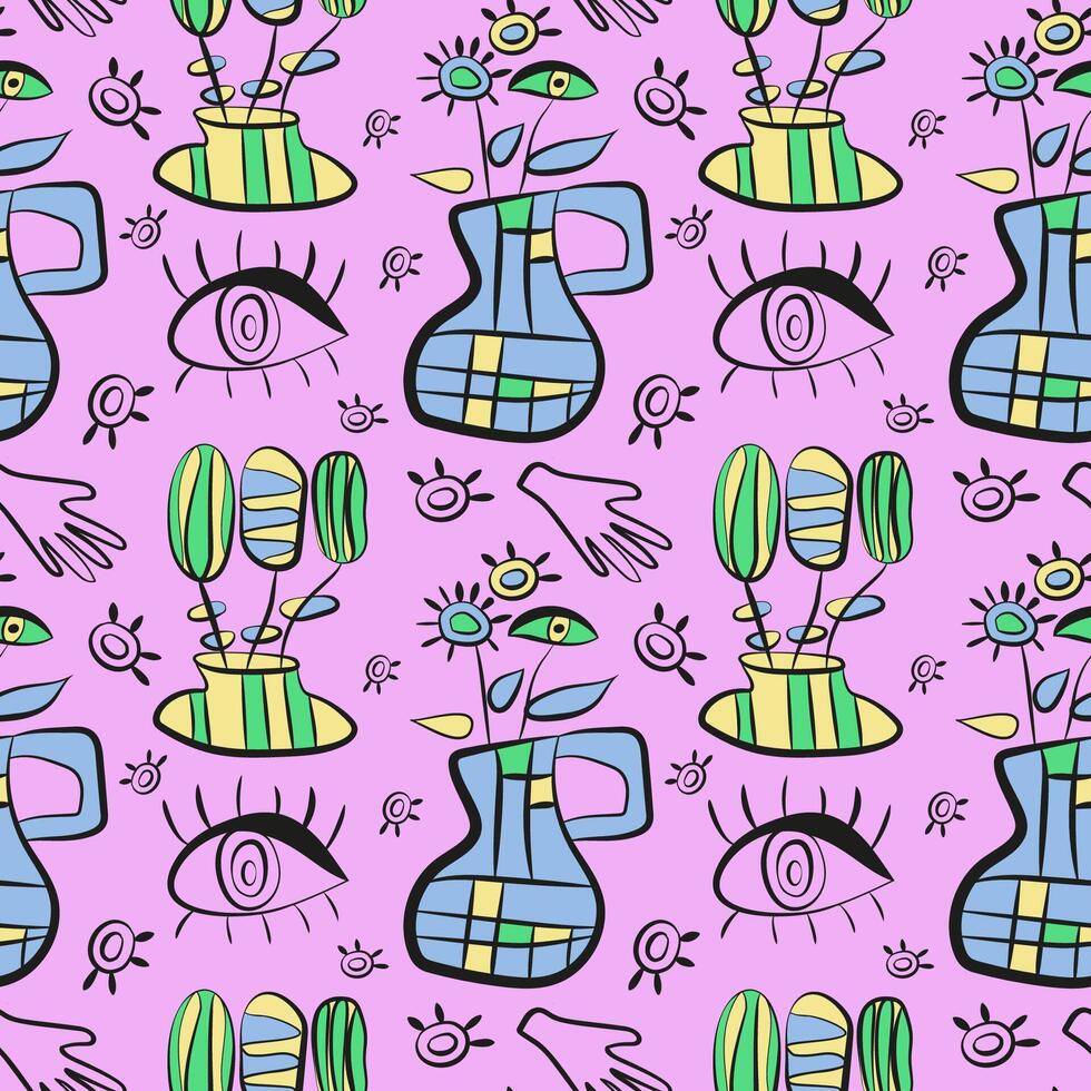 Seamless abstract summer pattern in of Juan Miro stile with a vase and eyes vector