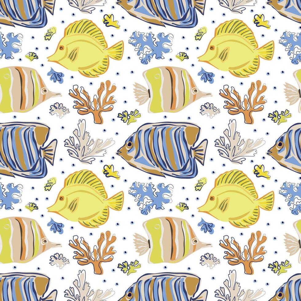 seamless pattern aquarium with fish and corals vector