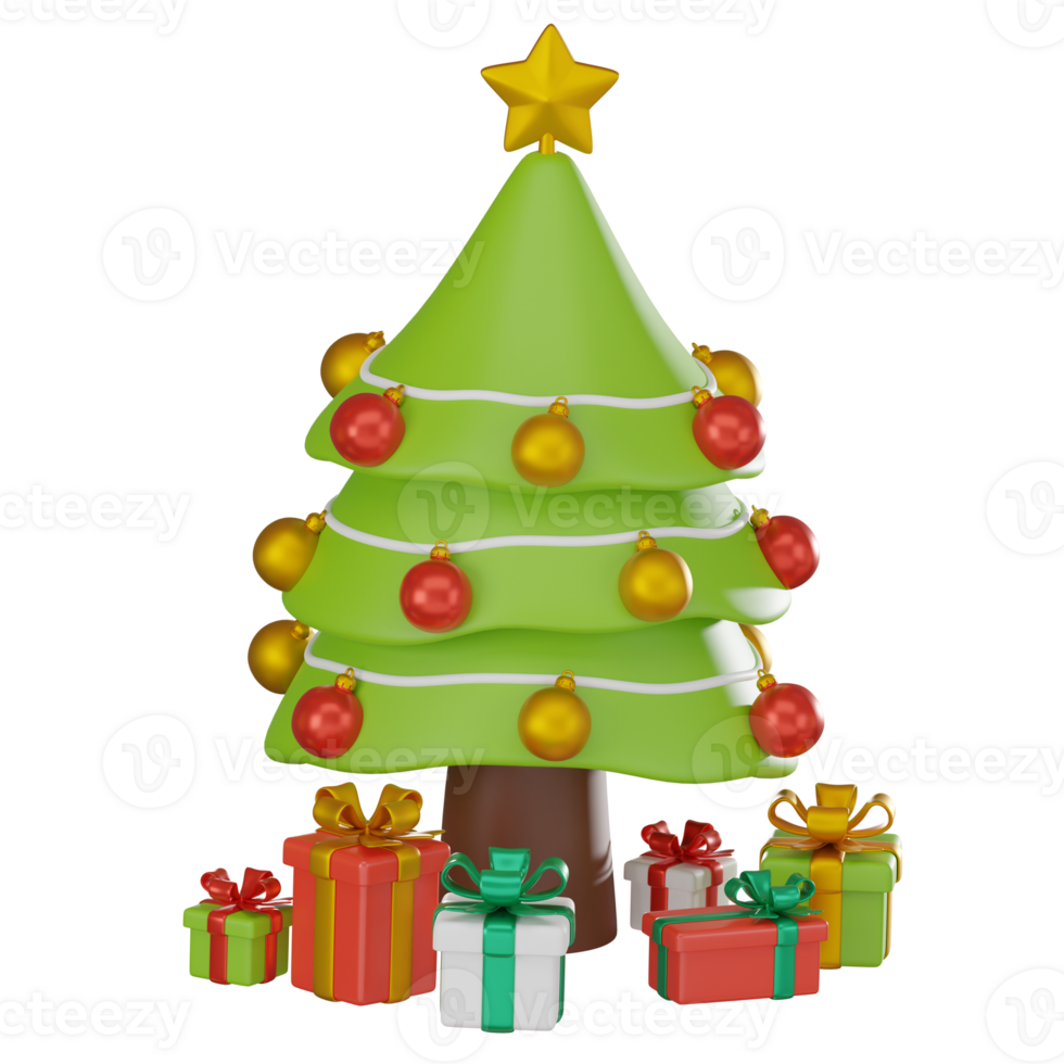 3D render Christmas tree and gift box festive holiday decorations, xmas. png