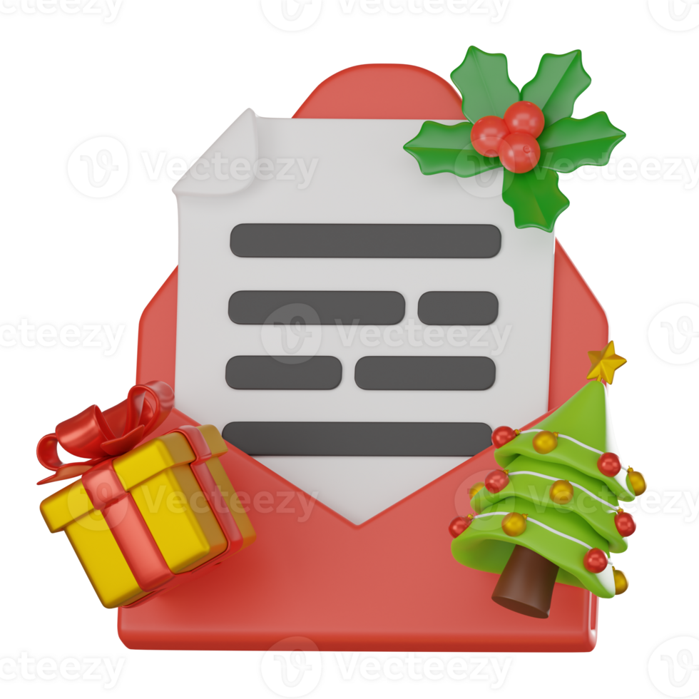 3D Render Christmas Invitation Letter Icon with Decoration theme festival for Holiday Scenes png