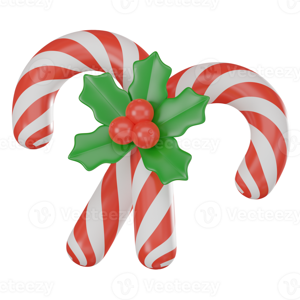 3D Render Colorful Candy Cane and Mistletoe Illustration for Christmas Cheer png