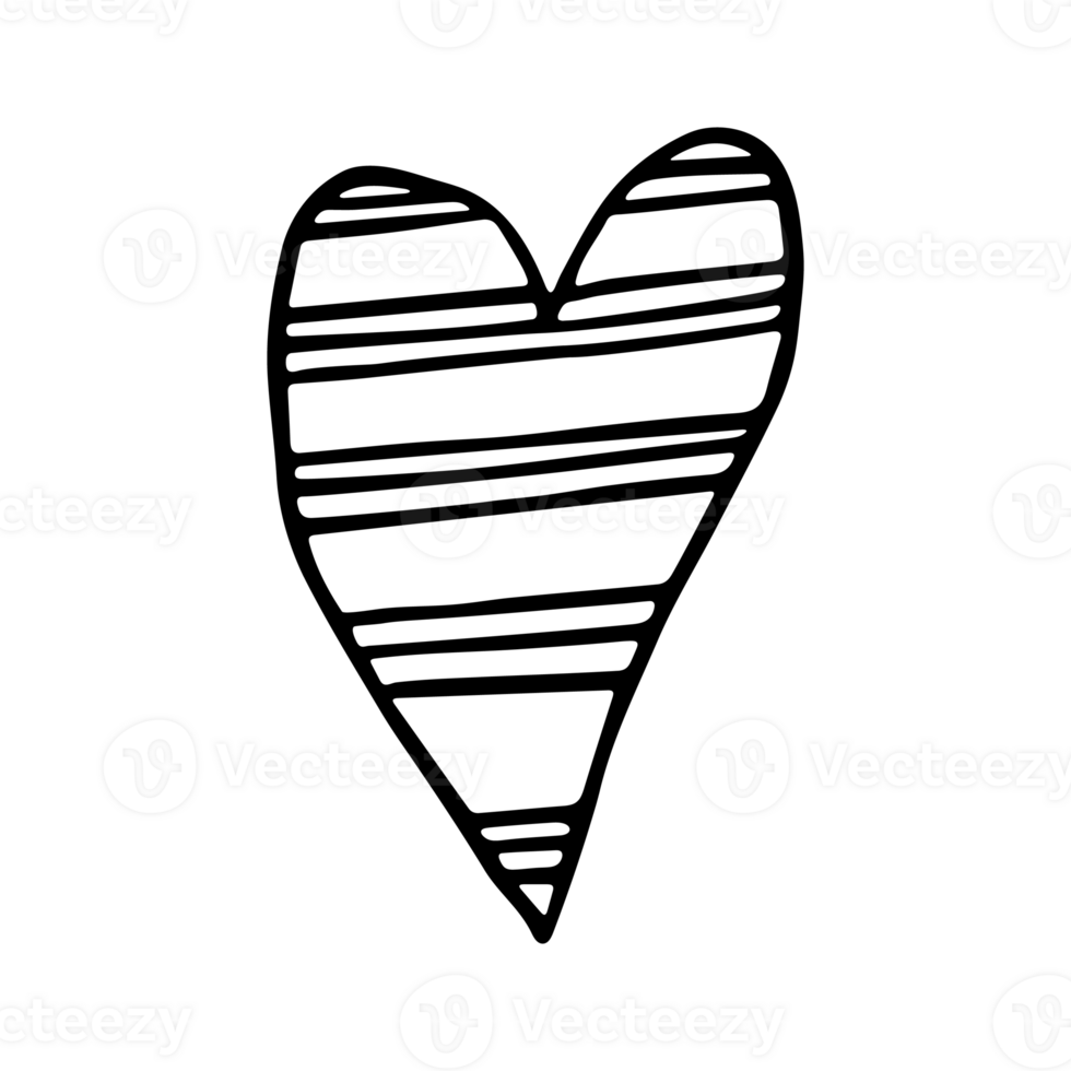 Hand-Drawn Abstract Doodle Love Icon. Geometric Heart Love Icon with Horizontal Hatched Lines of Different Widths. Simple Black Outline Isolated on a Transparent Background. png