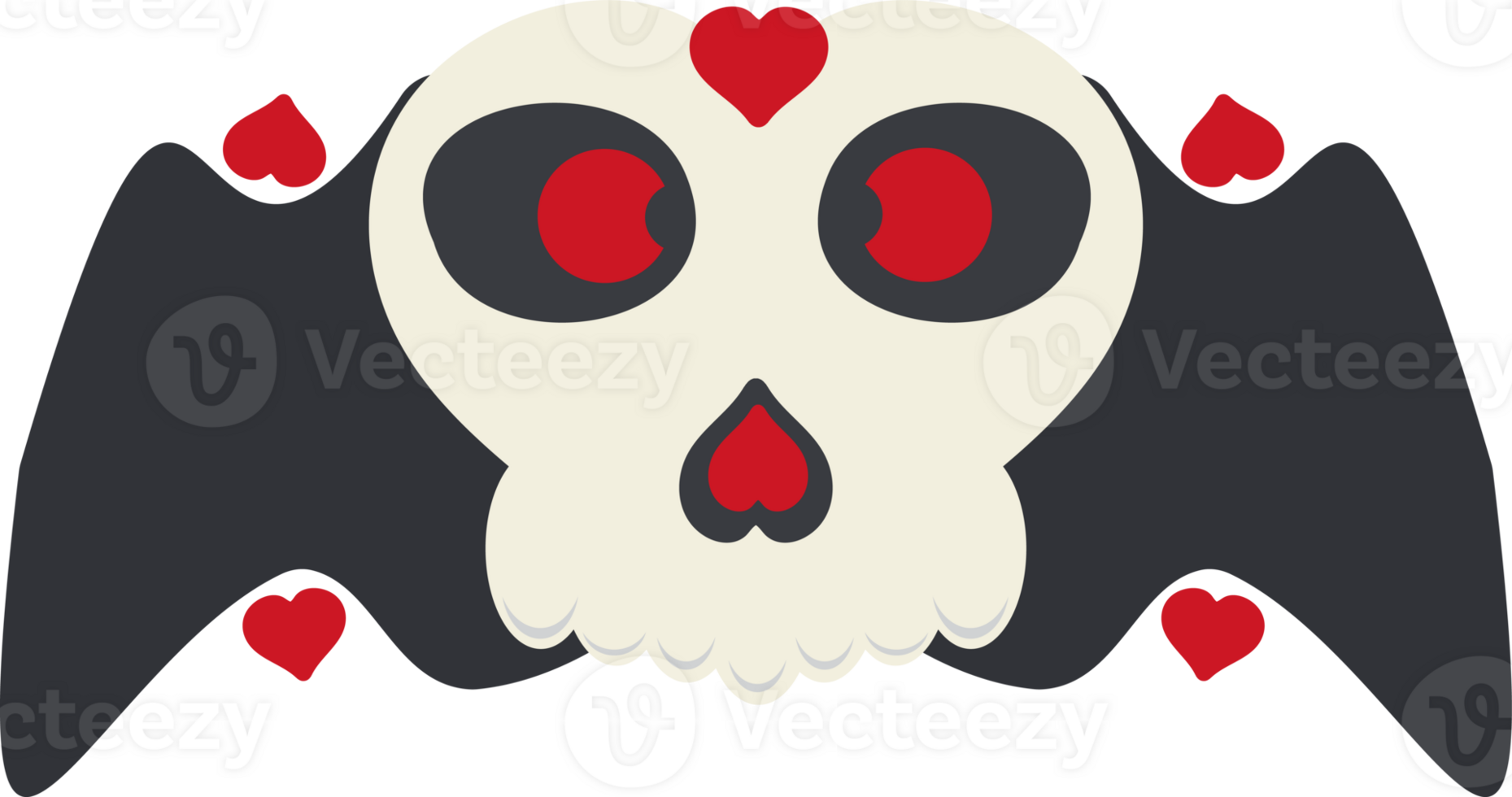 skull with bat and red hearts on it png