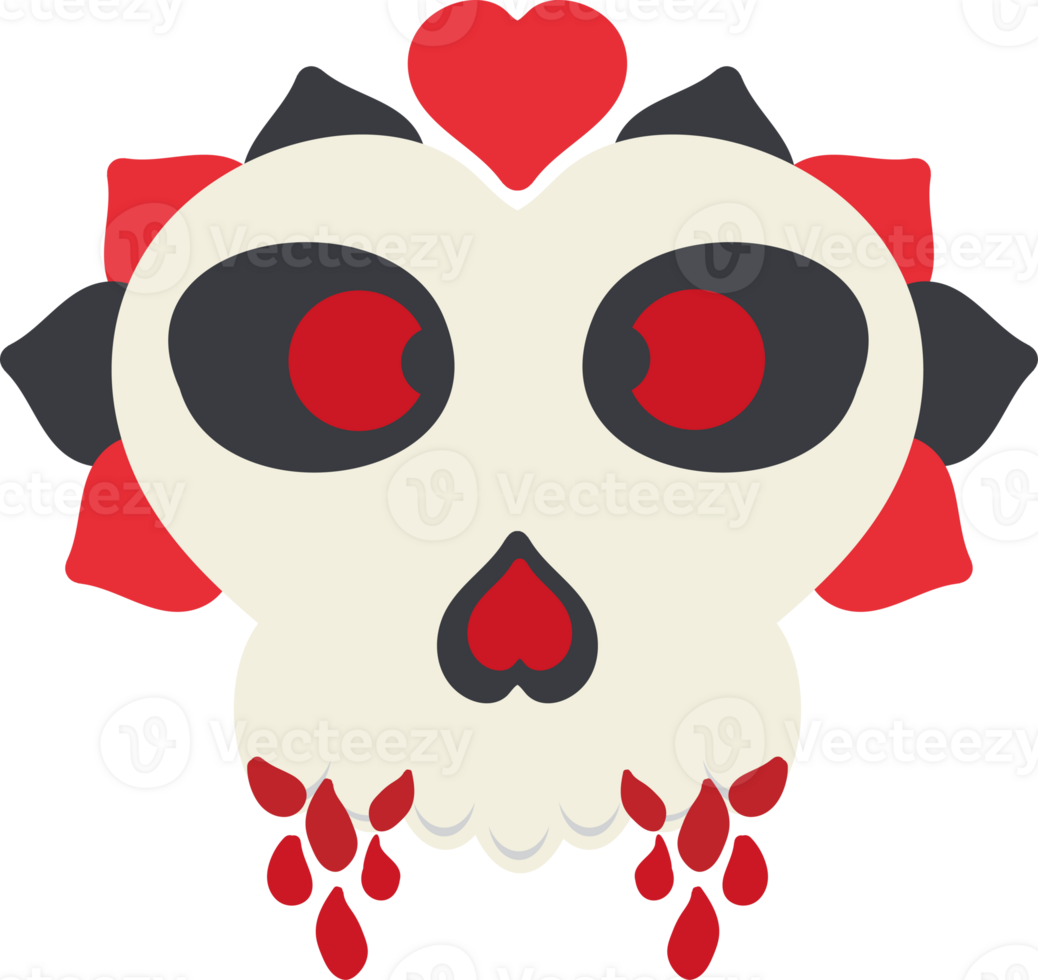 a skull with red and black hearts on it png