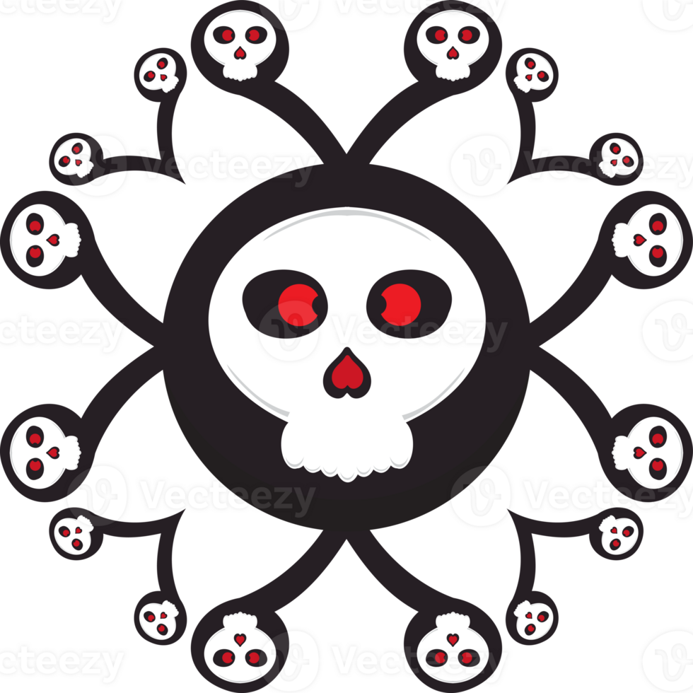 a skull with red eyes surrounded by many skulls png
