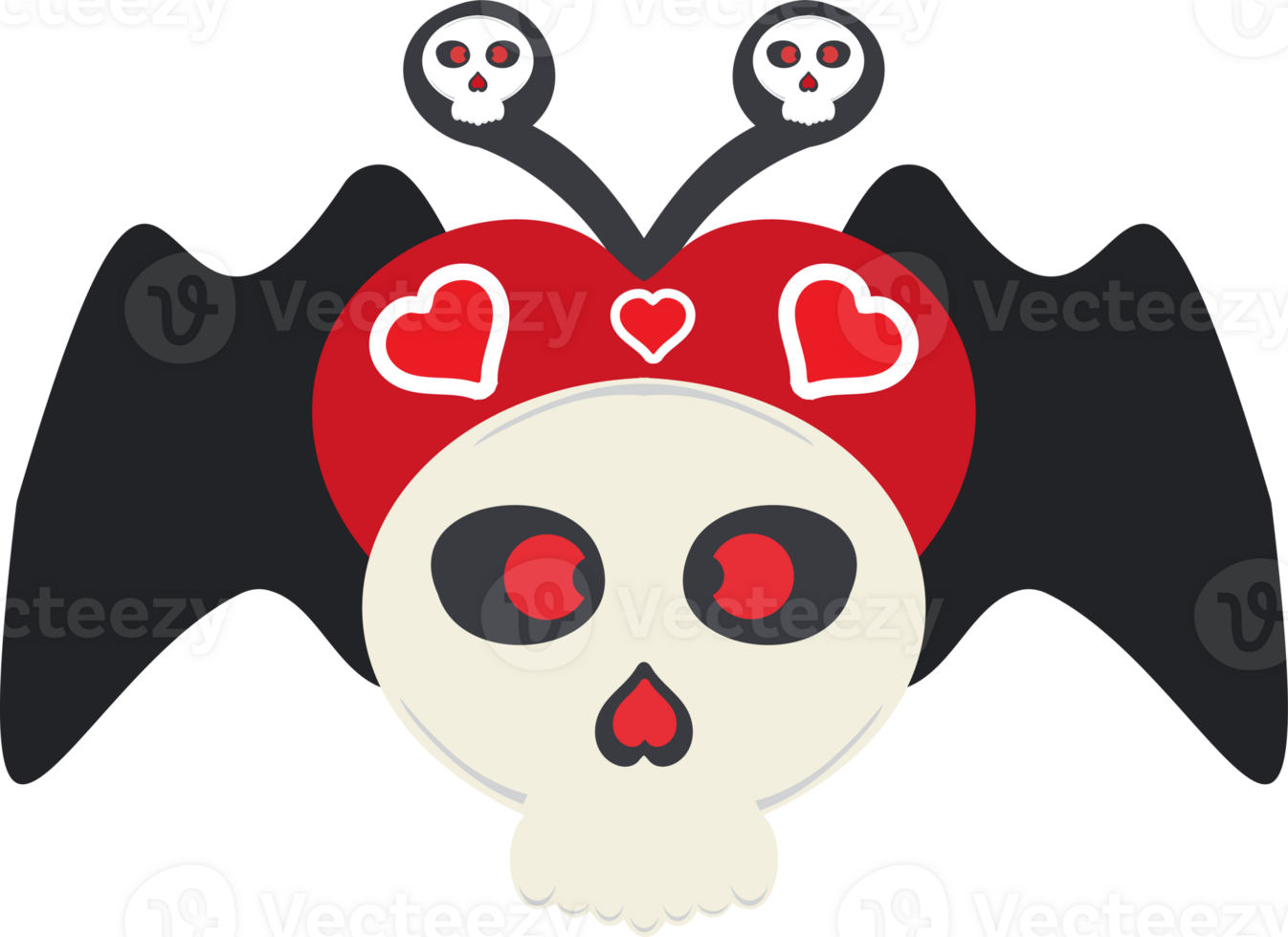 a skull with hearts on its head and a bat on its back png