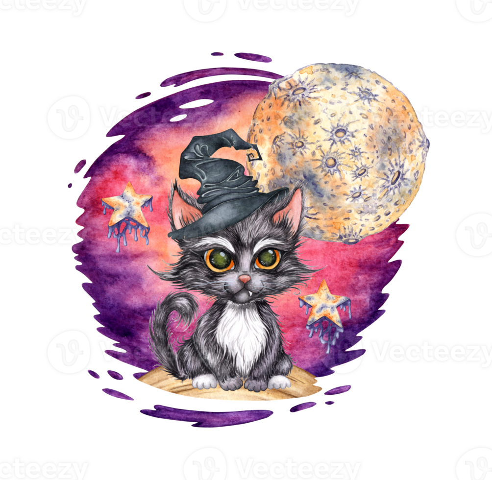 A black kitten in a witch's hat with big eyes sits at night with the moon and stars shining. Cat isolated from background. Witch's mystical familiar, Halloween tradition. For designing postcards png