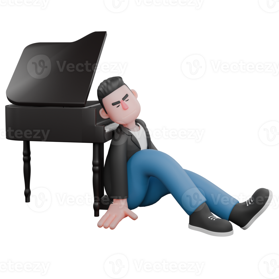 Animated Music Character in 3D. A male musician is sitting asleep on the floor leaning against an acoustic piano with his right leg slightly bent and his hands touching the floor. Entertainment Design png
