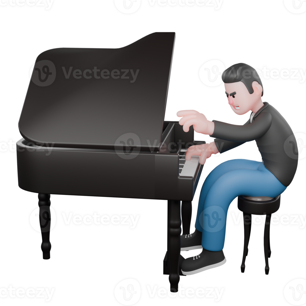 Illustrated Musician Character in 3D. A male musician is sitting on a chair while playing an acoustic piano with both hands. Vocalist png