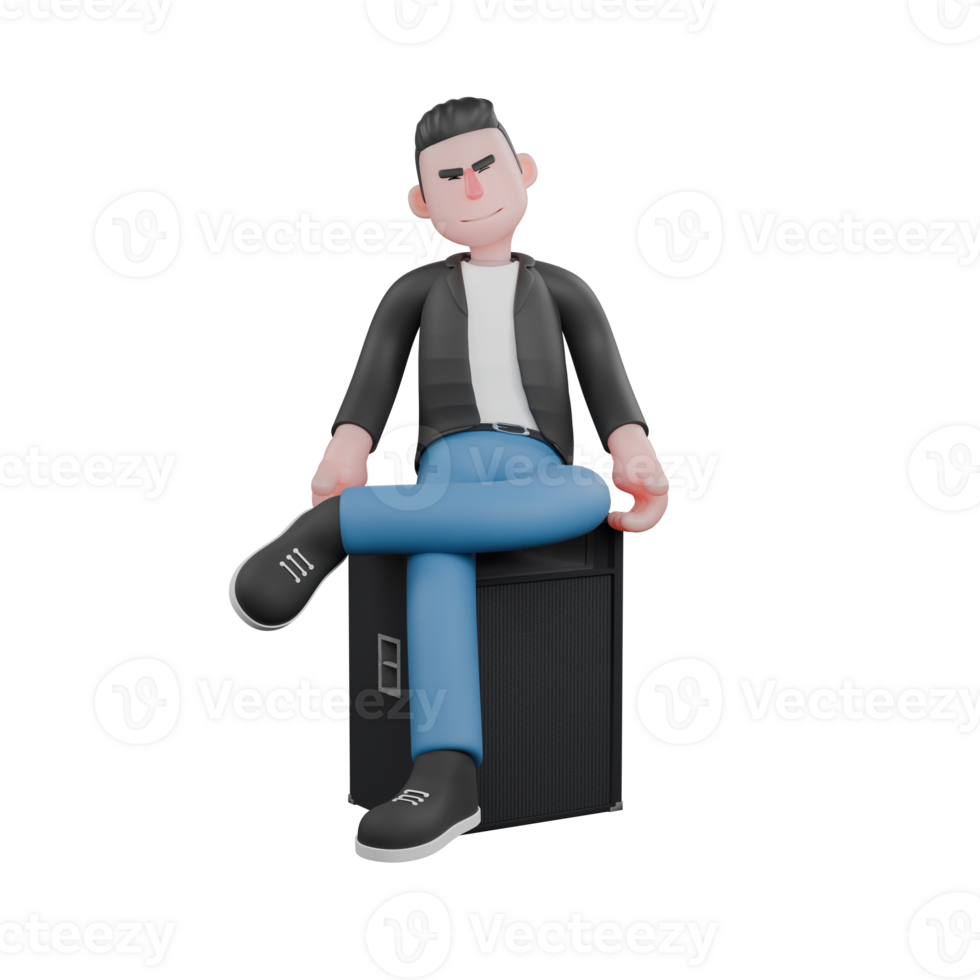 Singing Musician 3D. A male musician is sitting on a loudspeaker with his left leg bent on top of his right leg then his left hand touches his knee and his right hand holds his left shoe. Vocal Talent png