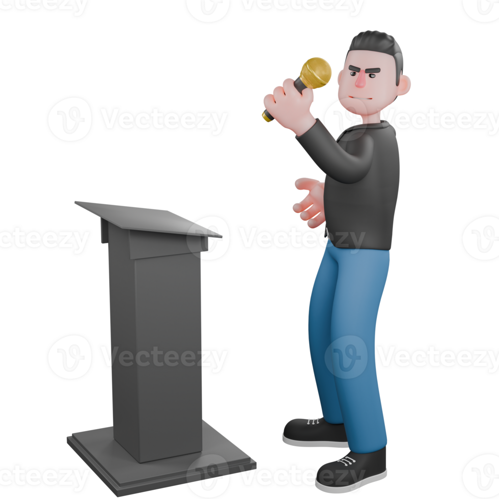 3D Musician Model. A male musician is standing behind the podium with his left hand lifting the microphone and his right hand in front of his stomach. Cartoon Character png