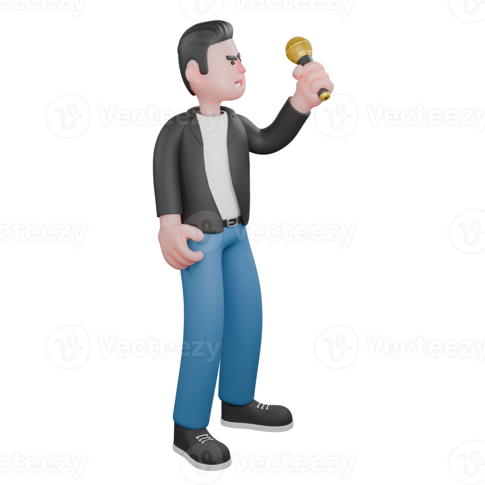 3D Musician Character. A male musician is standing facing left while his left hand is lifting the microphone. Vocalist png