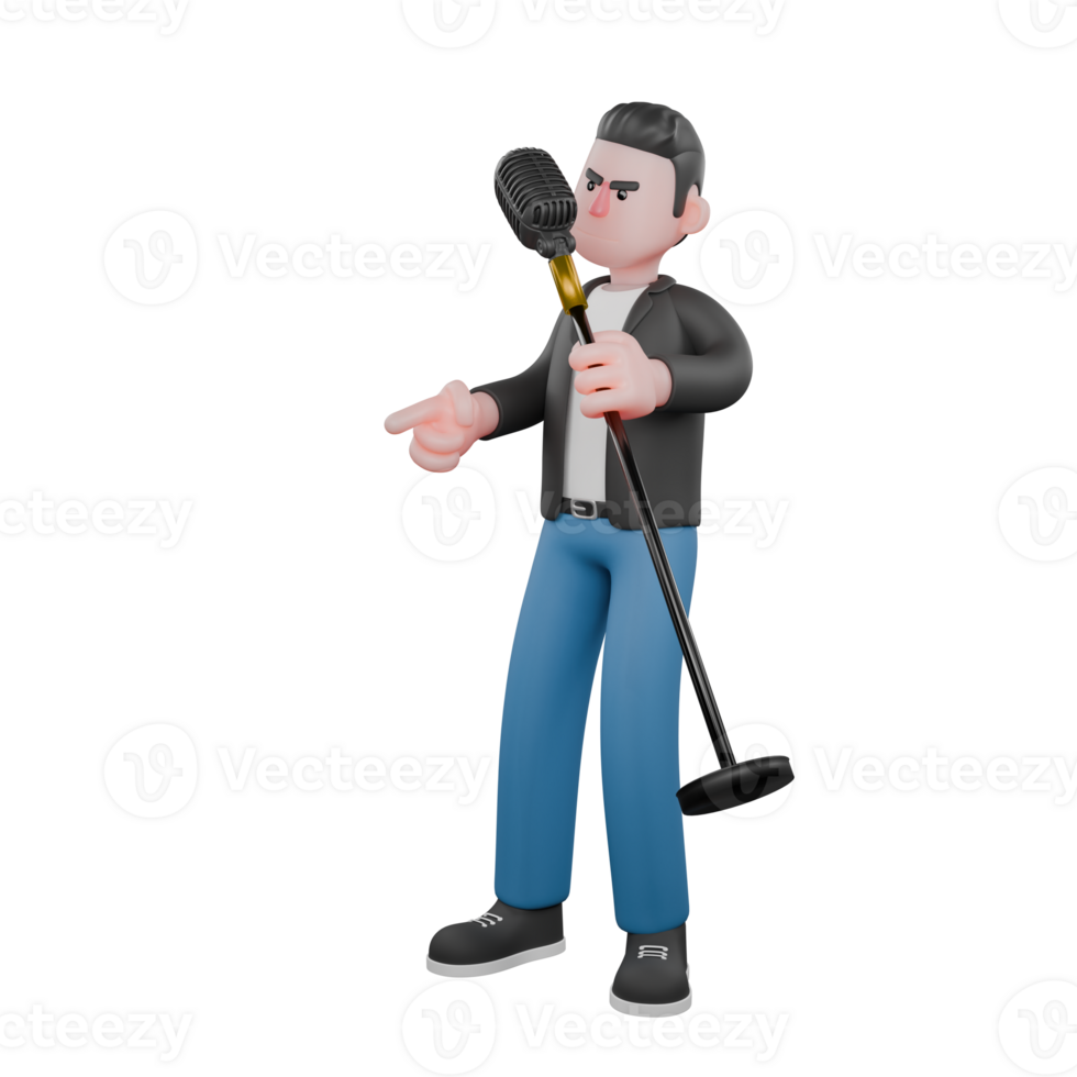 Cartoon Music Performer Model. A male musician is standing facing the right singing using a microphone stand that he holds in his left hand while his right hand points forward. Singing Talent png