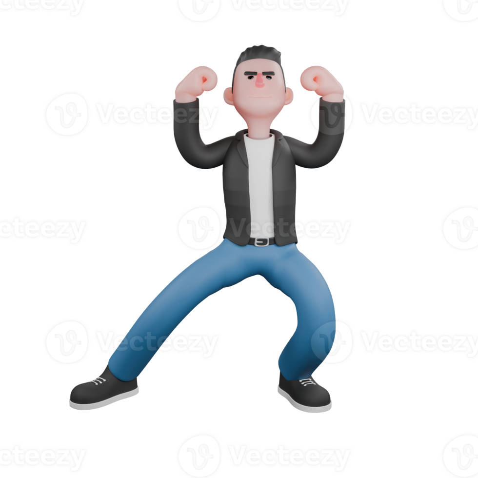 Animated Music Character in 3D. A male musician is standing with his legs wide apart, the right straight to the side and the left slightly bent while both hands are raised up and clenched. Musik Star png