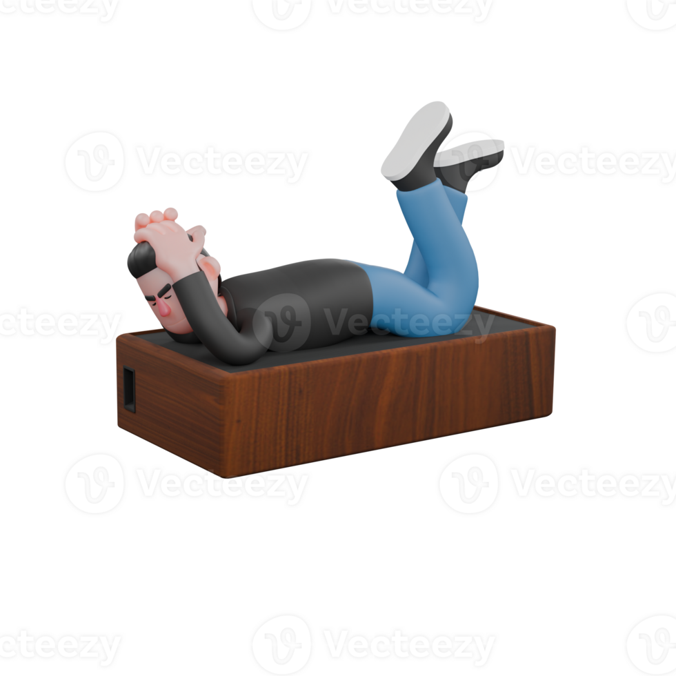 3D Musician Character. A male musician is lying face down on a loudspeaker with his legs bent and his hands above his head. Vocal Artist Model png