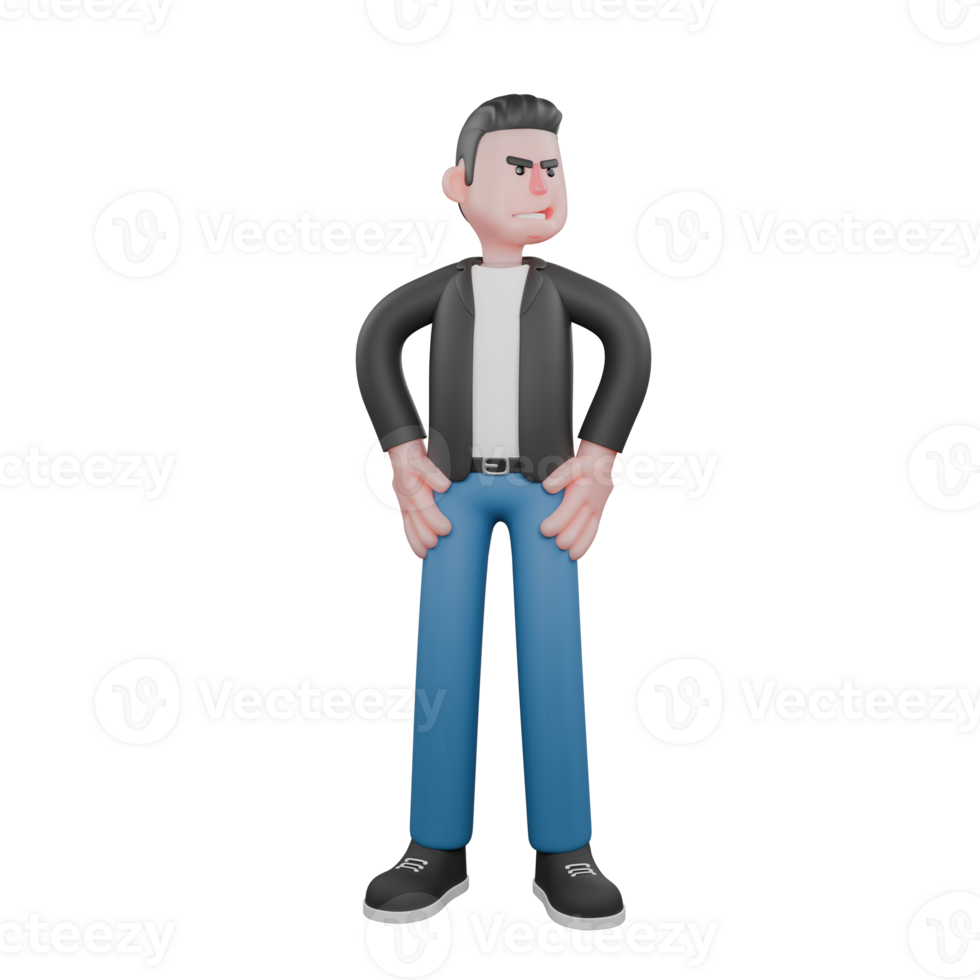 Musician Character in 3D Style. A Male Musician is standing with his hands on his hips, head turned to the side with an angry expression. Singing Talent png