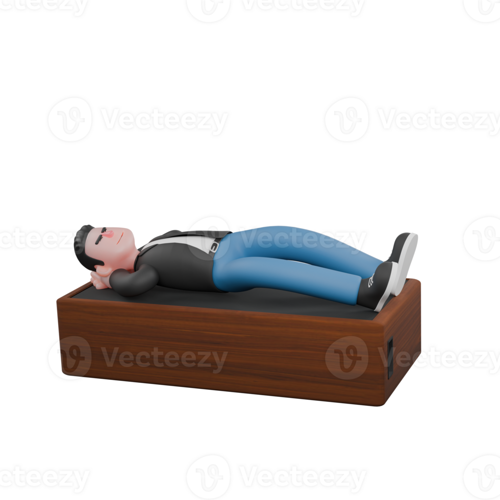 Singing Musician in 3D. A male musician is lying on a loudspeaker with his palms as a cushion. Cartoon Performer png