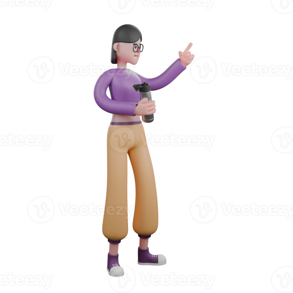 Dynamic 3D Cartoon Dancer. a female dancer is standing with her right hand carrying a tumbler while her left hand points up. Animation Ready png