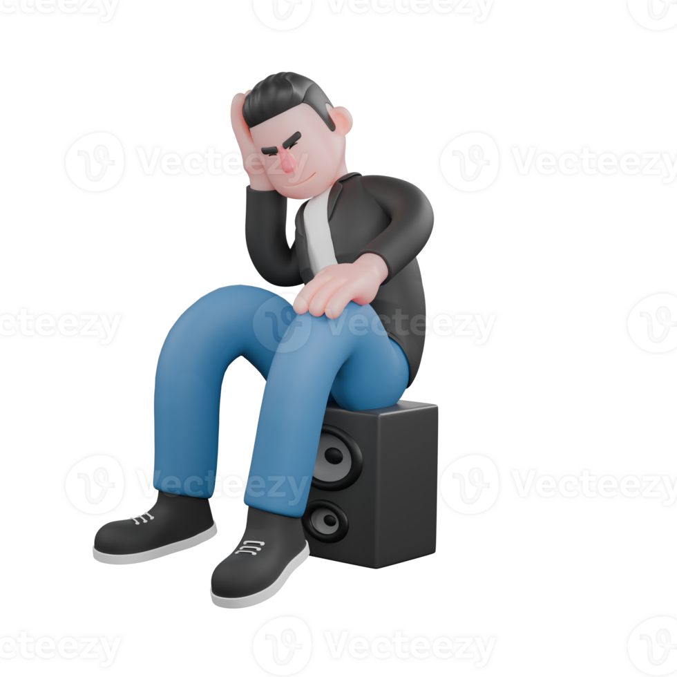 Cartoon Musician in 3D. A male musician is sitting asleep with his right palm as a cushion and his left hand on his left knee. 3D Music Performer png