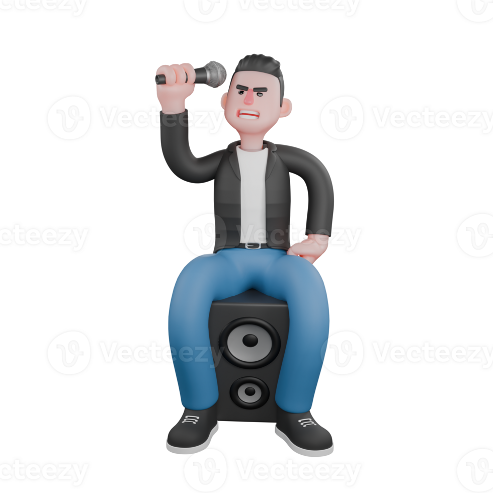 Cartoon Musician in 3D. A male musician is sitting on a loudspeaker with his left hand on his waist and his right hand lifting the microphone up. Vocal Artist Model png