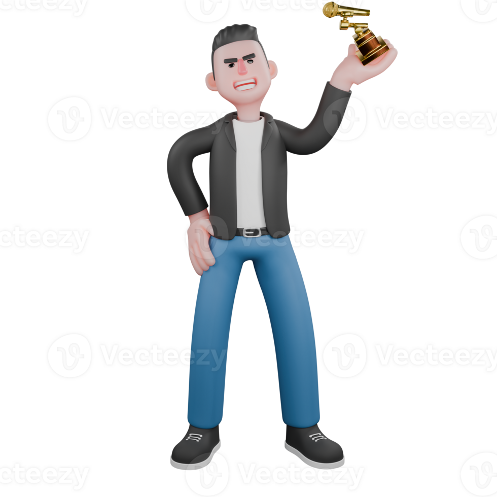 Animated Music Character in 3D. A male musician is standing with his left hand his left hand raises the trophy and his right hand is on his waist. Musik Star png