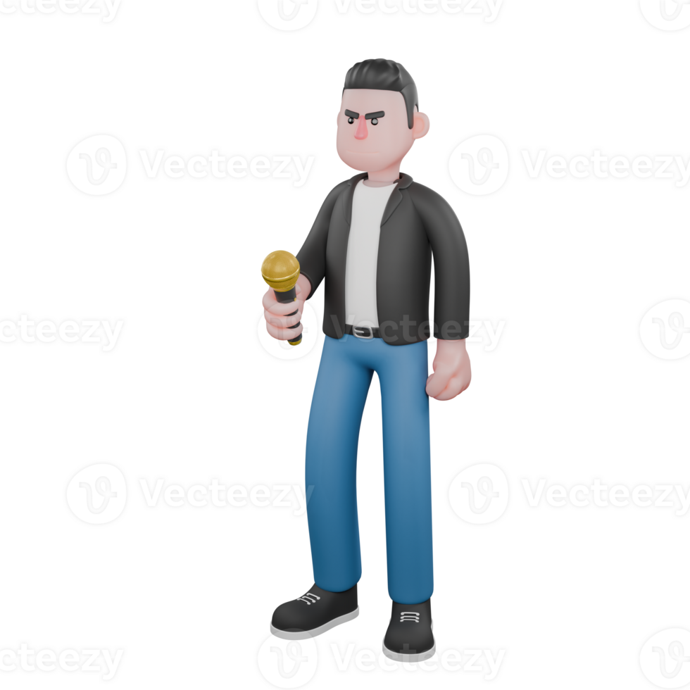 Illustrated Musician Character in 3D. A male musician is standing and holding a microphone in his right hand. Animated Style png
