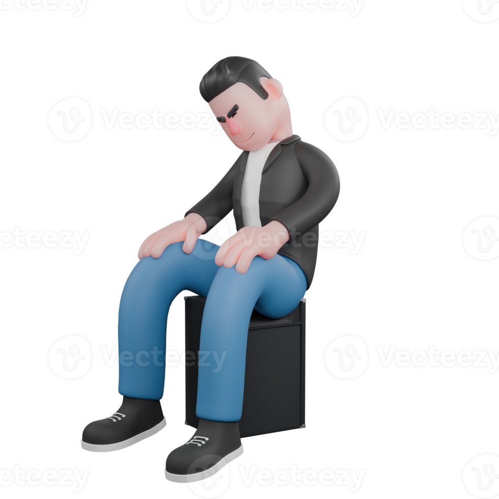 Illustrated Musician Character in 3D. A male musician is sitting asleep with his head tilted to the right and his hands resting on his thighs. Singing Talent png