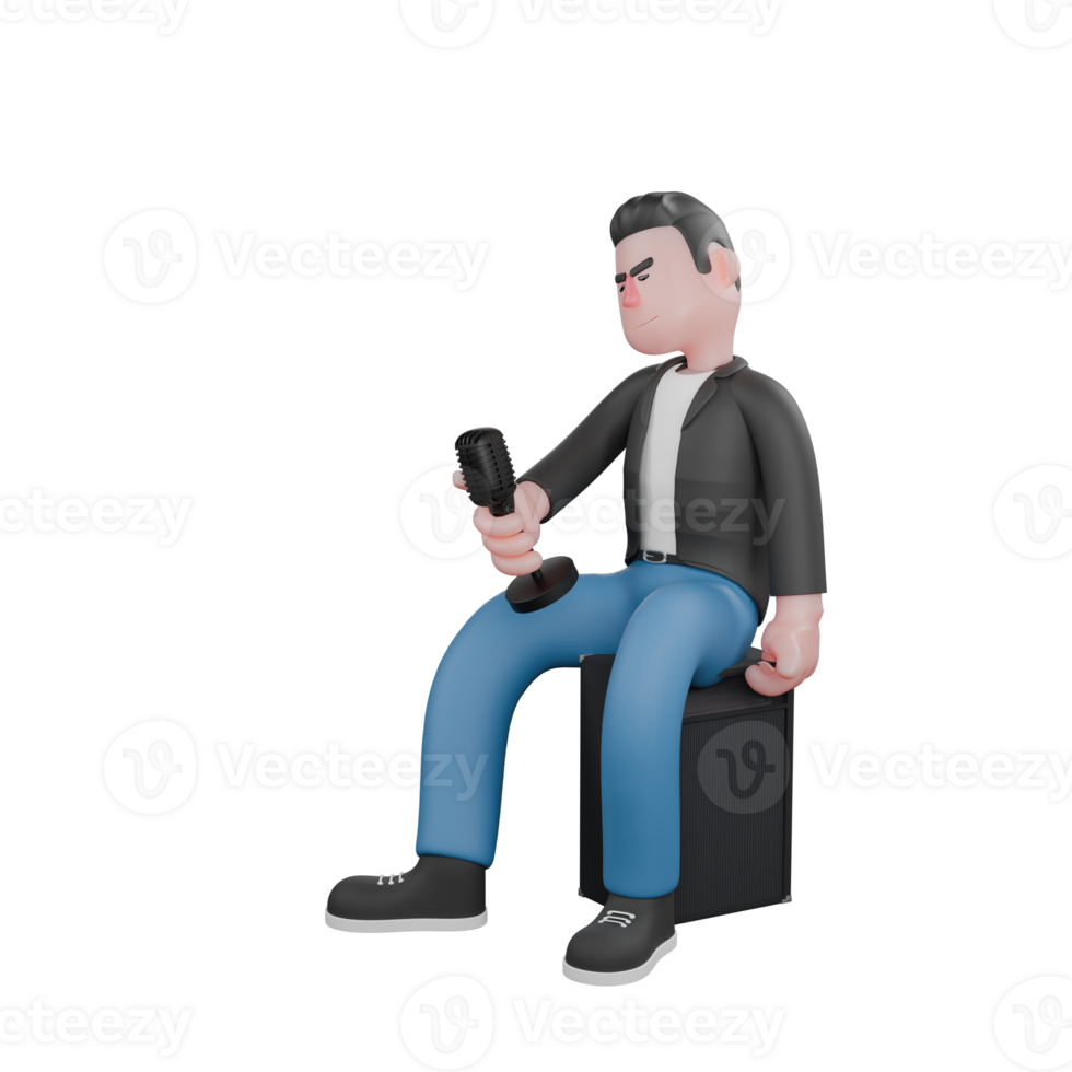 Illustrated 3D Music Character. A male musician is sitting on a loudspeaker while his right hand is holding a microphone. Cartoon Vocalist png
