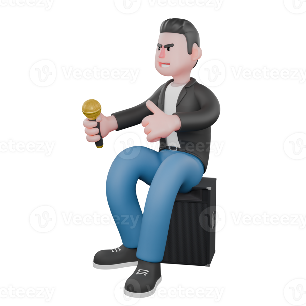 Musician Character. A male musician is sitting on a loudspeaker facing the right while holding a microphone in his right hand and pointing his thumb forward with his left hand. Vocalist png